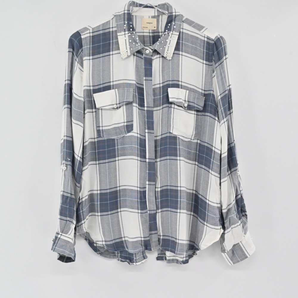 Harper Plaid Flannel Top Womens Size M Blue Pearl Embellished Collar‎ Button Up